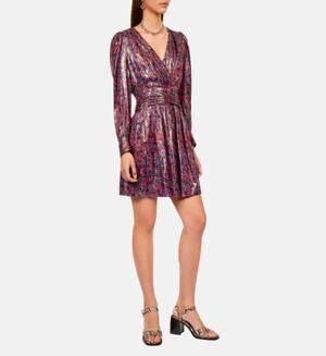 The Kooples Metallic Silk Floral Dress M Medium Silver Red Blue Puff Sleeve NWT